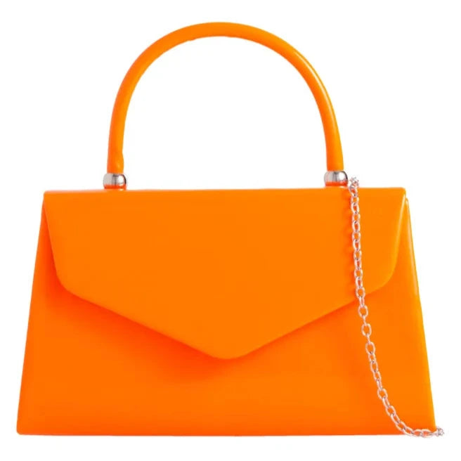 Women's Patent Clutch Bag Top Handle Evening Wedding Party Box Handbag UK  - NEON ORANGE