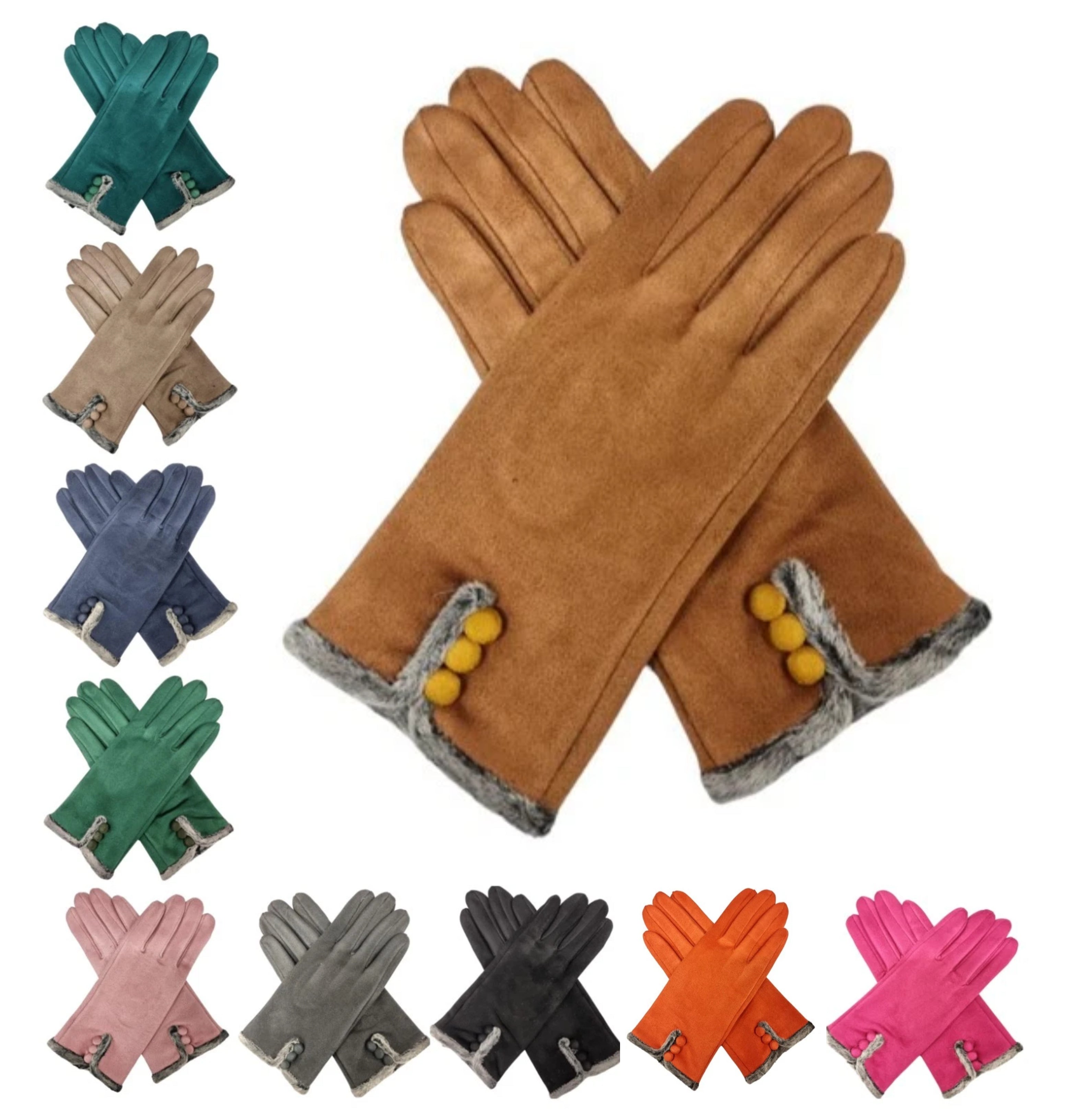 Women's Winter Gloves Faux Fur Suede Warm Fleece Soft Lined Buttons Fashion Gloves