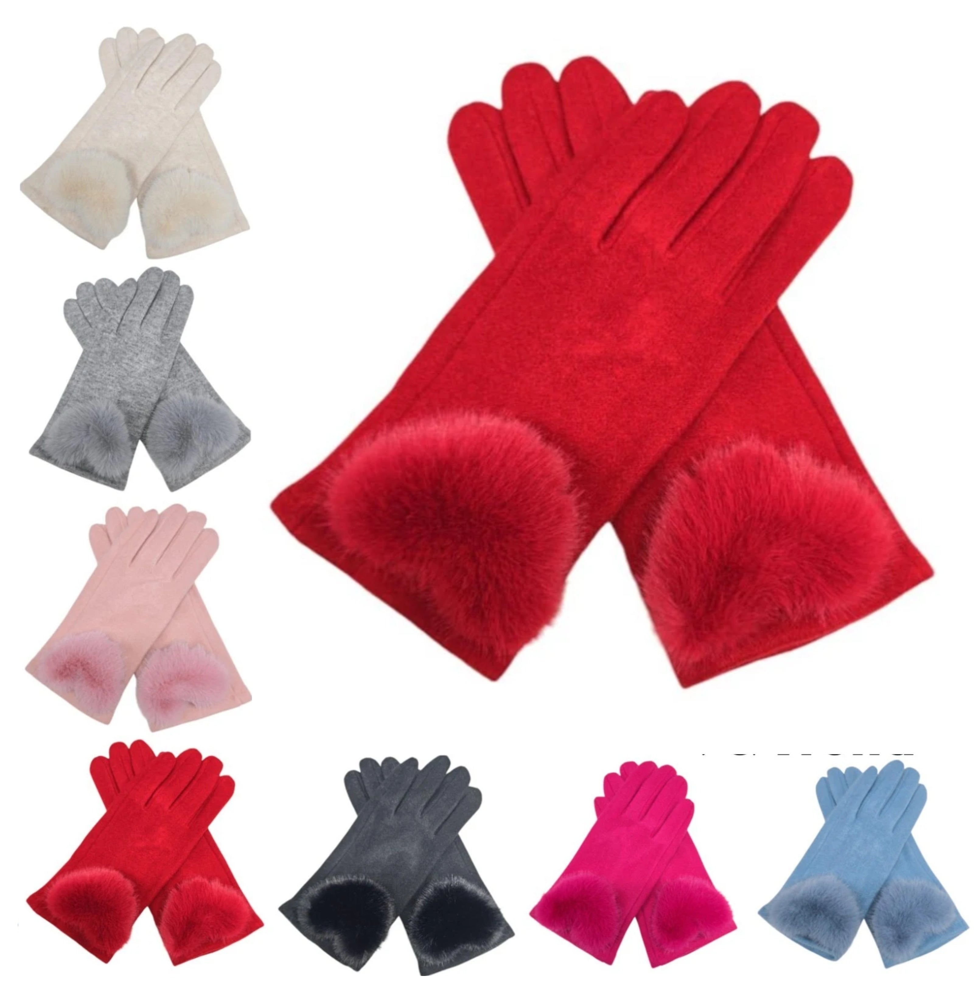Women's Winter Gloves Soft Fur Pompom Cashmere Blend Ladies Fashion Plain Gloves