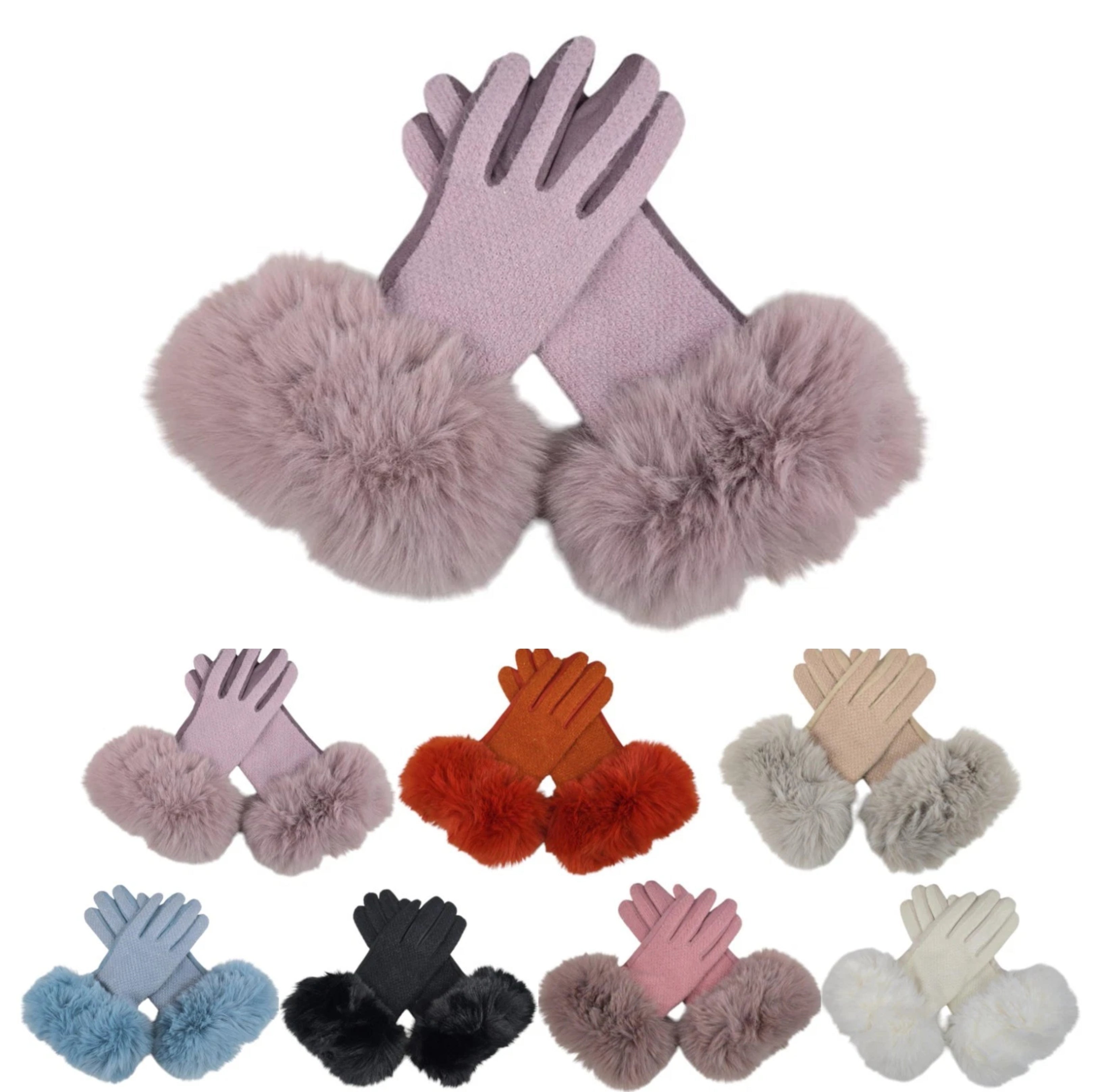 Women's Winter Round Faux Fur Gloves Cashmere Blend Gloves Soft Warm Fleece Touchscreen