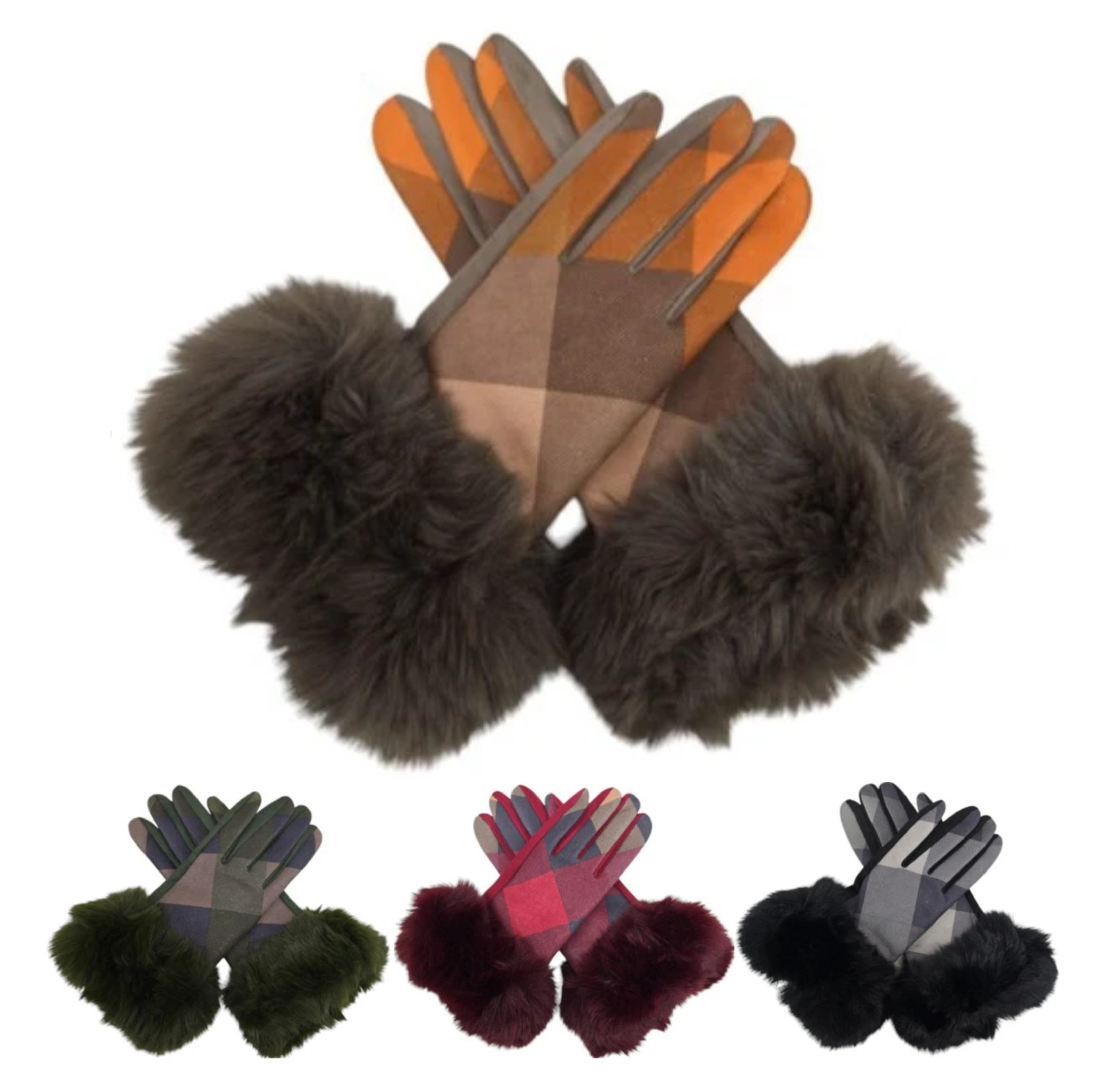 Women's Luxury Winter Warm Gloves Check Tartan Faux Fur Trim Gloves Fleece Lined