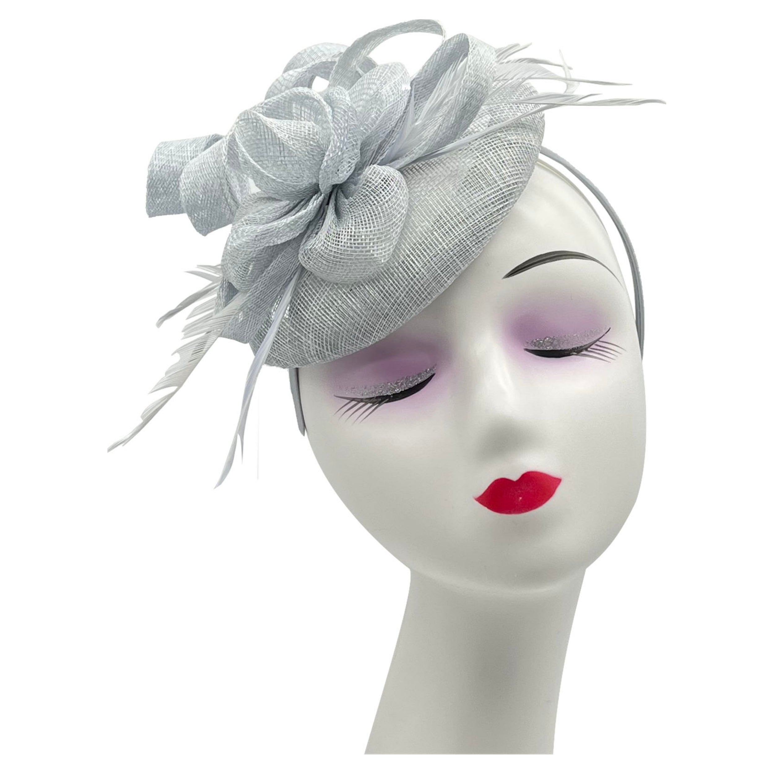 Women Round Base Sinamay Floral Fascinator Headband and Clip with Curled Straps