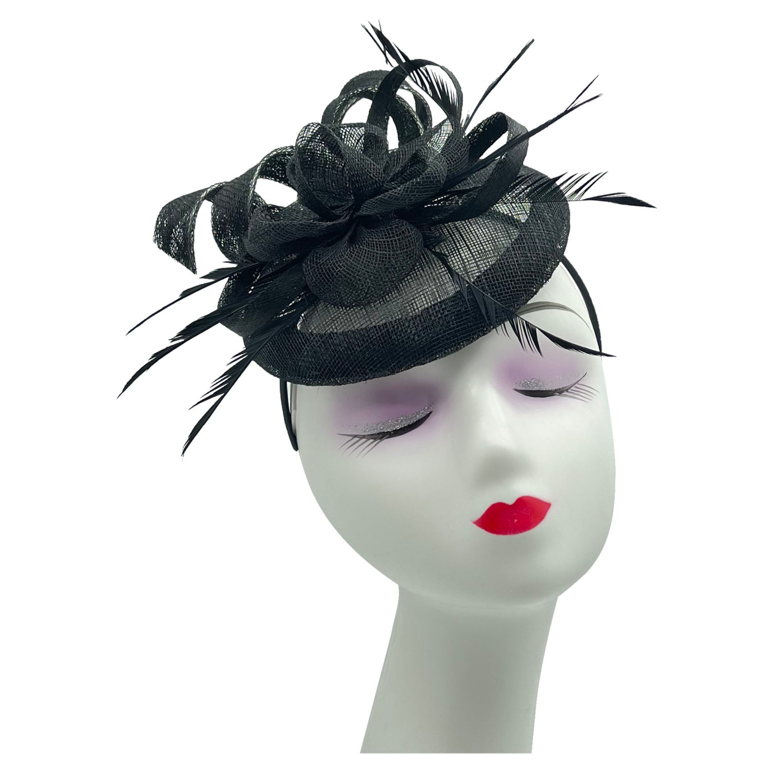 Women Round Base Sinamay Floral Fascinator Headband and Clip with Curled Straps