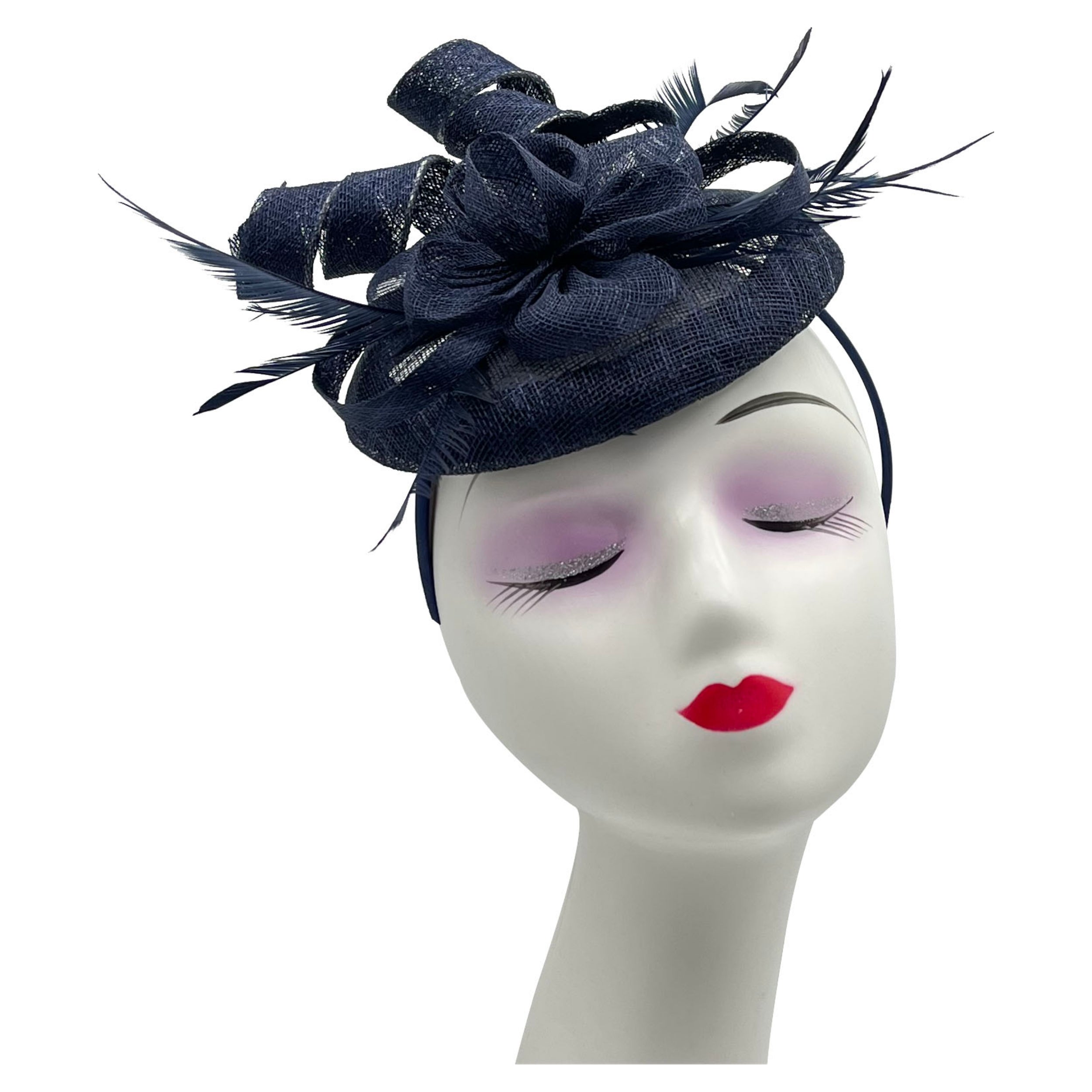 Women Round Base Sinamay Floral Fascinator Headband and Clip with Curled Straps