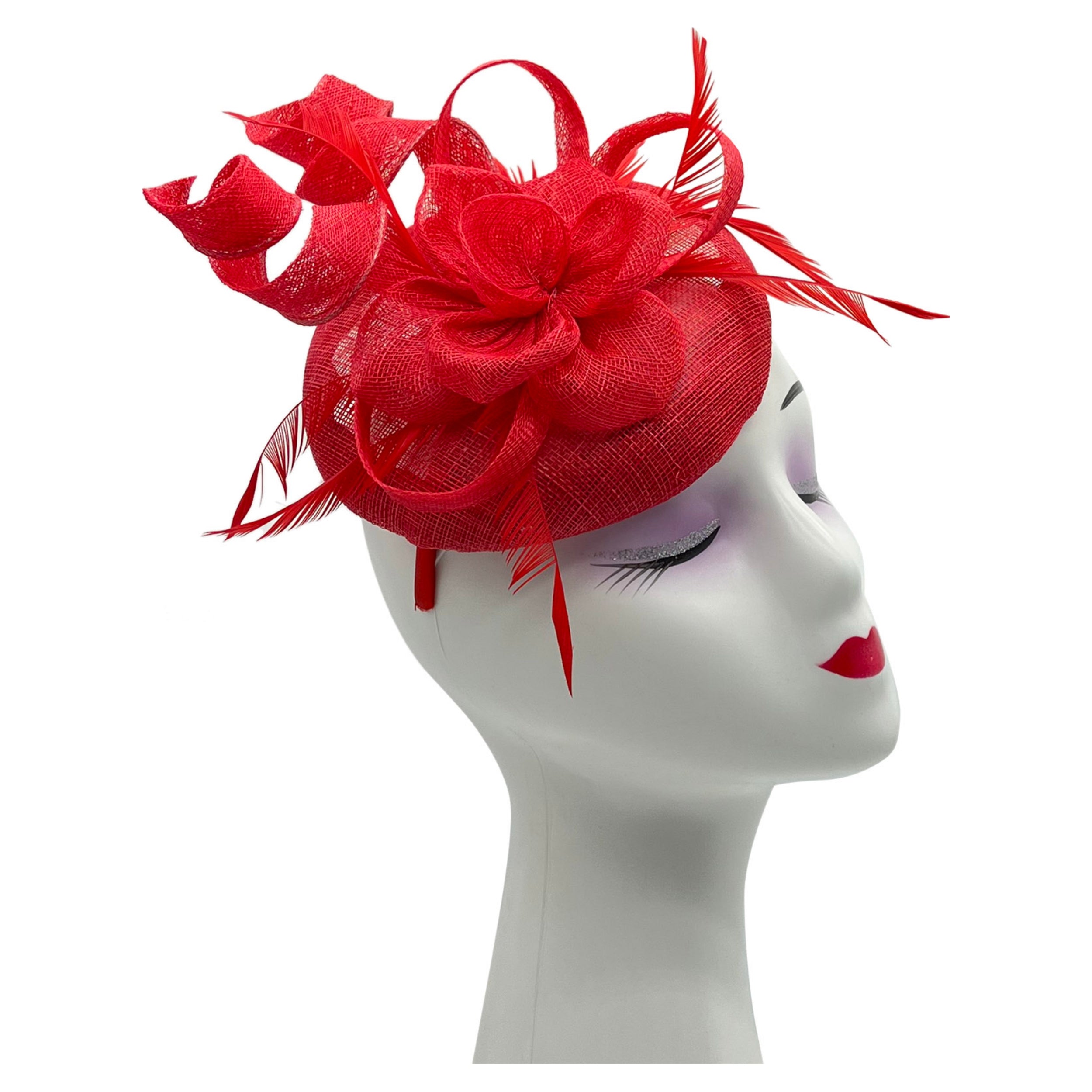 Women Round Base Sinamay Floral Fascinator Headband and Clip with Curled Straps