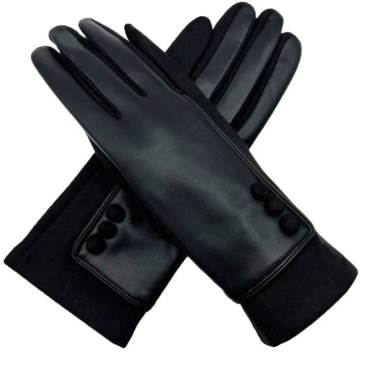 Womens Winter Warm Gloves Contrast Textured Fleece Lined Cosy Buttons Pattern Touch Screen Gloves