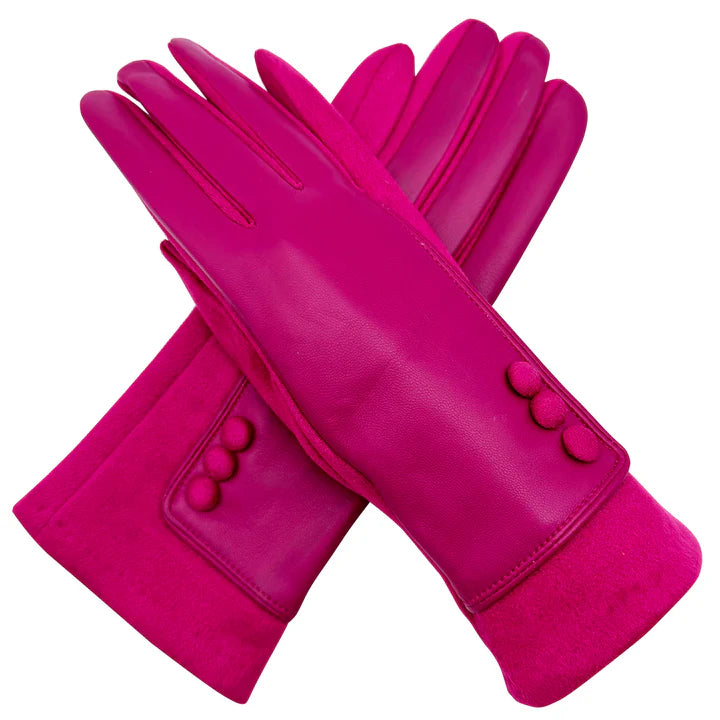 Womens Winter Warm Gloves Contrast Textured Fleece Lined Cosy Buttons Pattern Touch Screen Gloves