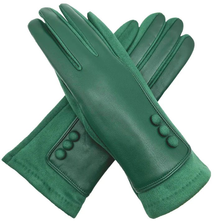 Womens Winter Warm Gloves Contrast Textured Fleece Lined Cosy Buttons Pattern Touch Screen Gloves