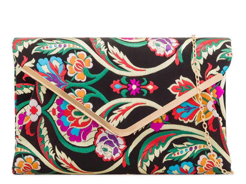 Women's Satin Clutch Bag 3D Floral Embroidered Envelope Metal Trim Evening Bag