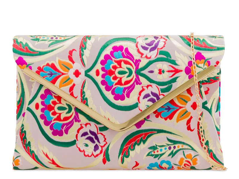 Women's Satin Clutch Bag 3D Floral Embroidered Envelope Metal Trim Evening Bag