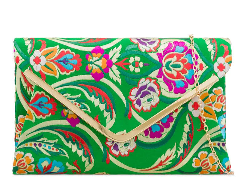 Women's Satin Clutch Bag 3D Floral Embroidered Envelope Metal Trim Evening Bag