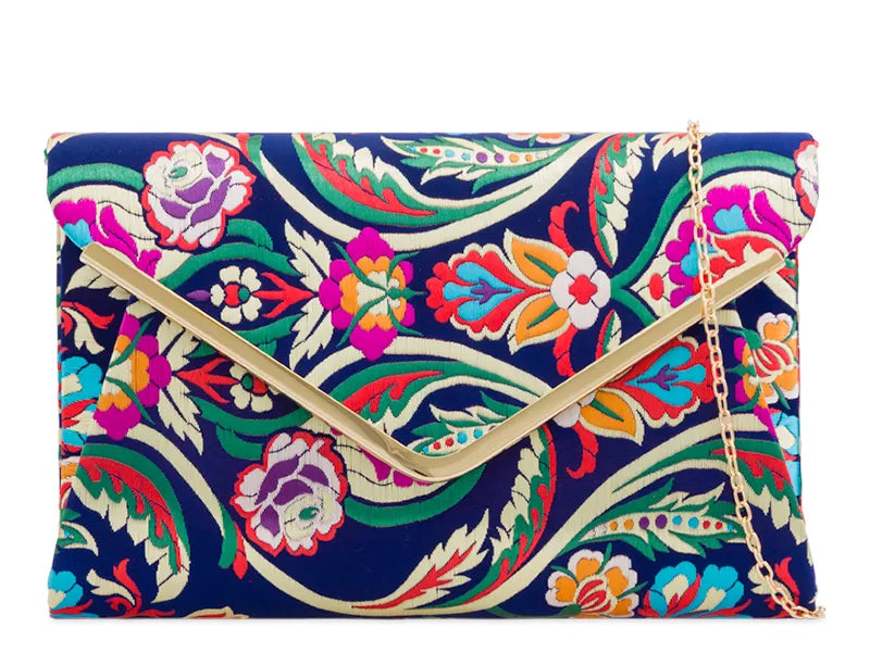 Women's Satin Clutch Bag 3D Floral Embroidered Envelope Metal Trim Evening Bag