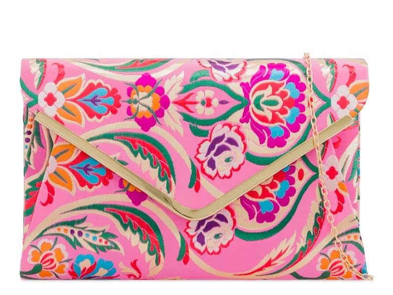 Women's Satin Clutch Bag 3D Floral Embroidered Envelope Metal Trim Evening Bag