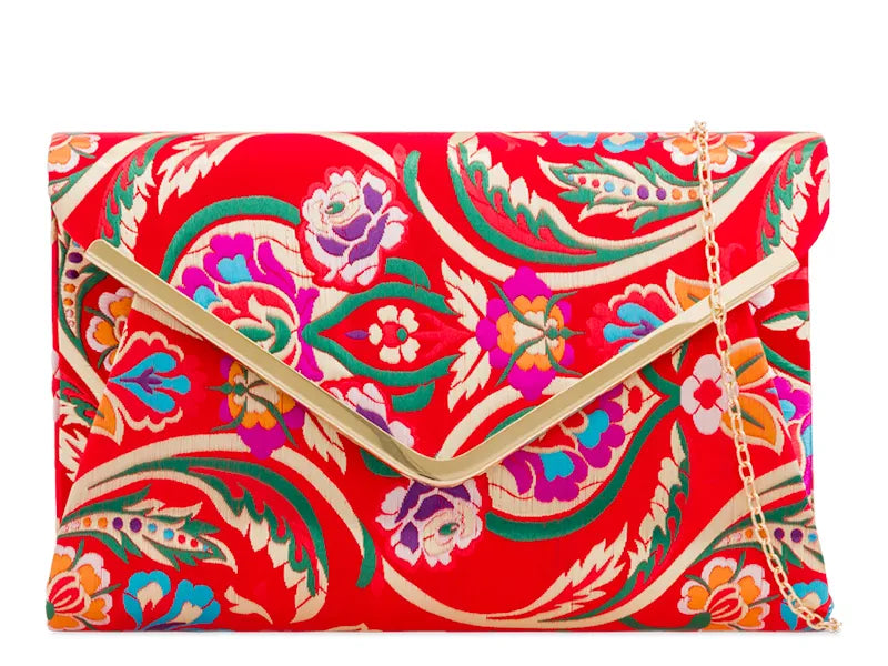 Women's Satin Clutch Bag 3D Floral Embroidered Envelope Metal Trim Evening Bag