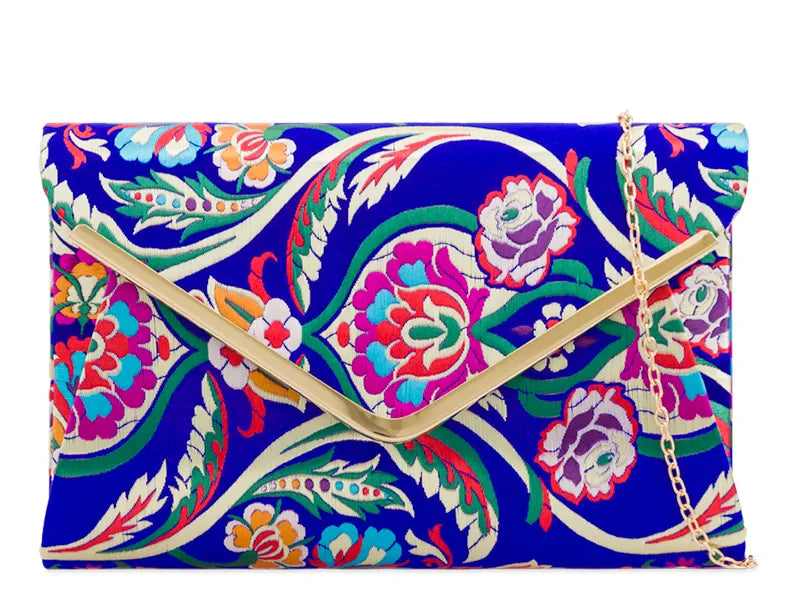 Women's Satin Clutch Bag 3D Floral Embroidered Envelope Metal Trim Evening Bag