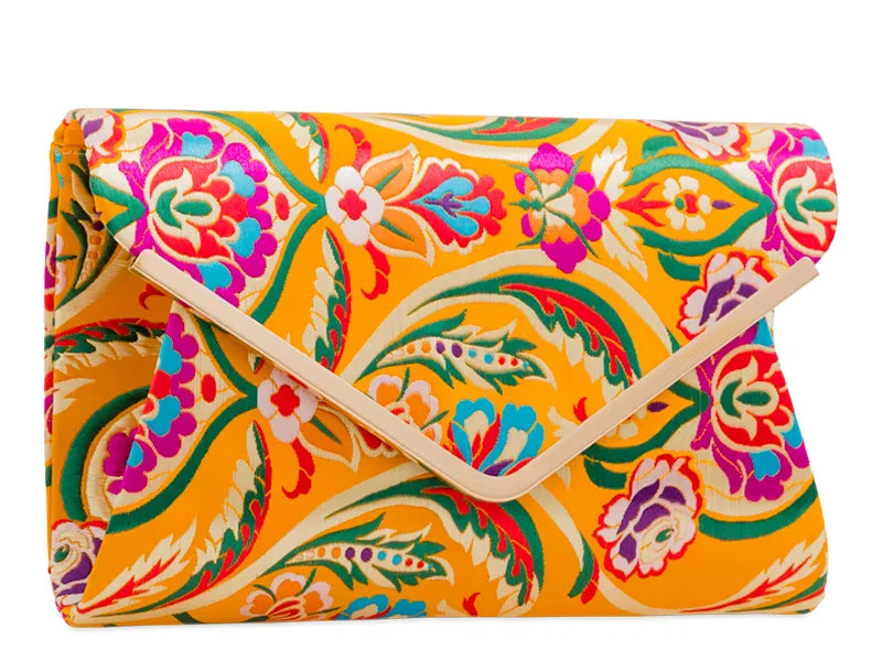 Women's Satin Clutch Bag 3D Floral Embroidered Envelope Metal Trim Evening Bag