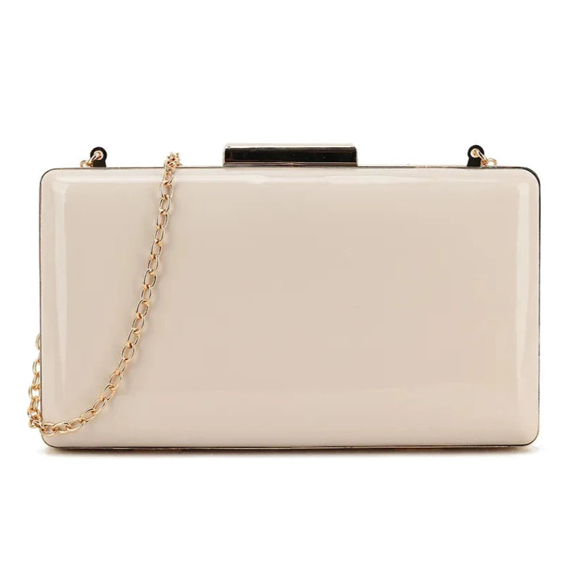 Womens Plain Patent Clutch Bag Shoulder Hard Case Wedding Bridal Evening Handbag PALE NUDE