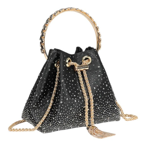 Women's Diamante Bucket Evening Clutch Bag Top Handle Tassel Weddings Party Purse