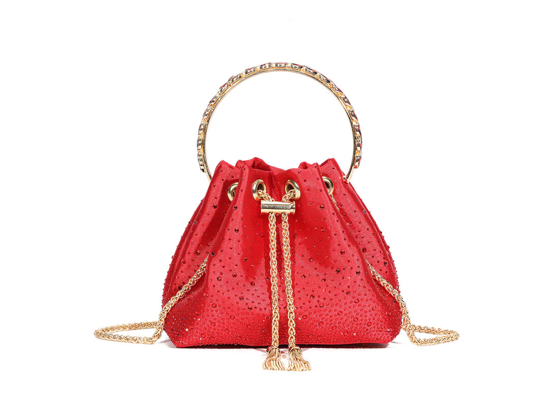 Women's Diamante Bucket Evening Clutch Bag Top Handle Tassel Weddings Party Purse