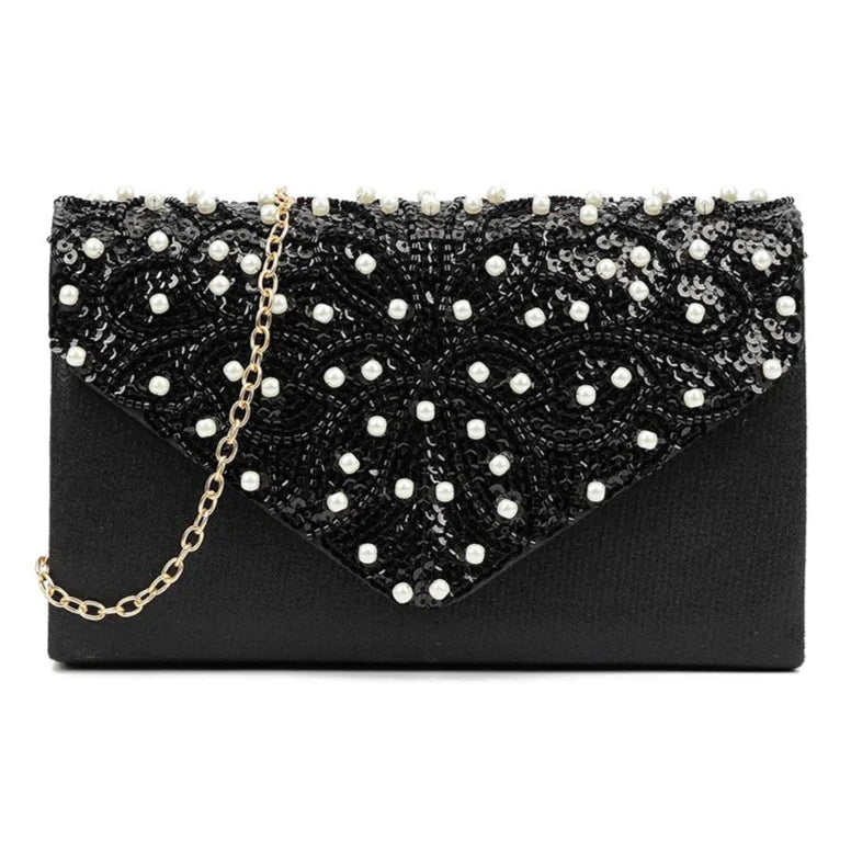 Satin Pearls Diamante Sequins Envelope Clutch Bag Bridal Evening Party Handbag For Women