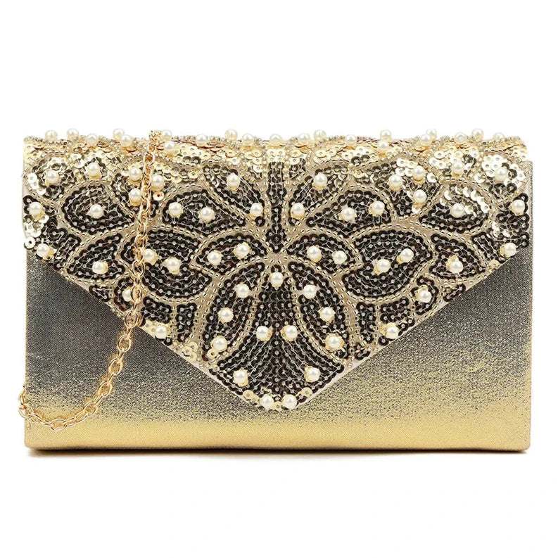Satin Pearls Diamante Sequins Envelope Clutch Bag Bridal Evening Party Handbag For Women