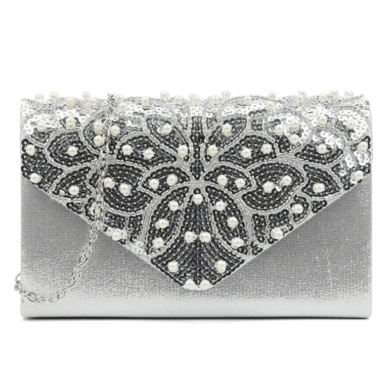 Satin Pearls Diamante Sequins Envelope Clutch Bag Bridal Evening Party Handbag For Women