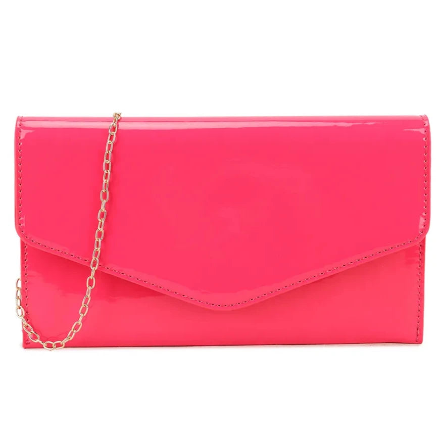 Women's Patent Plain Leather Clutch Bag Envelope Design Shiny Shoulder Chain Bag-
FUCHSIA