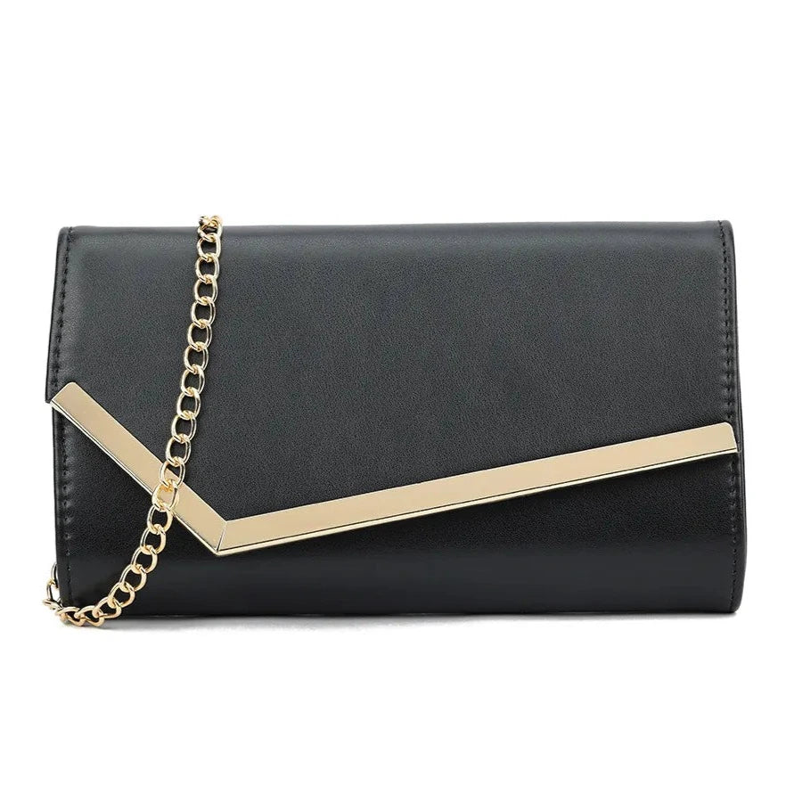 Women Metallic Trim Faux Leather Clutch Bag Shoulder Chain Wedding Evening Handbag