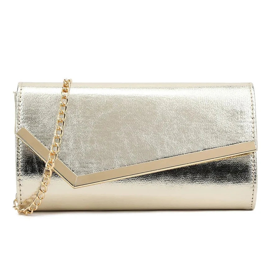 Women Metallic Trim Faux Leather Clutch Bag Shoulder Chain Wedding Evening Handbag