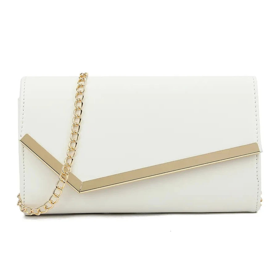 Women Metallic Trim Faux Leather Clutch Bag Shoulder Chain Wedding Evening Handbag