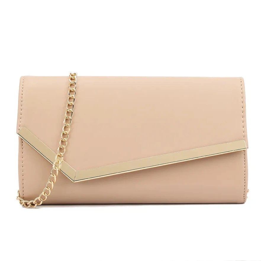 Women Metallic Trim Faux Leather Clutch Bag Shoulder Chain Wedding Evening Handbag