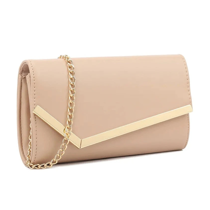 Women Metallic Trim Faux Leather Clutch Bag Shoulder Chain Wedding Evening Handbag
