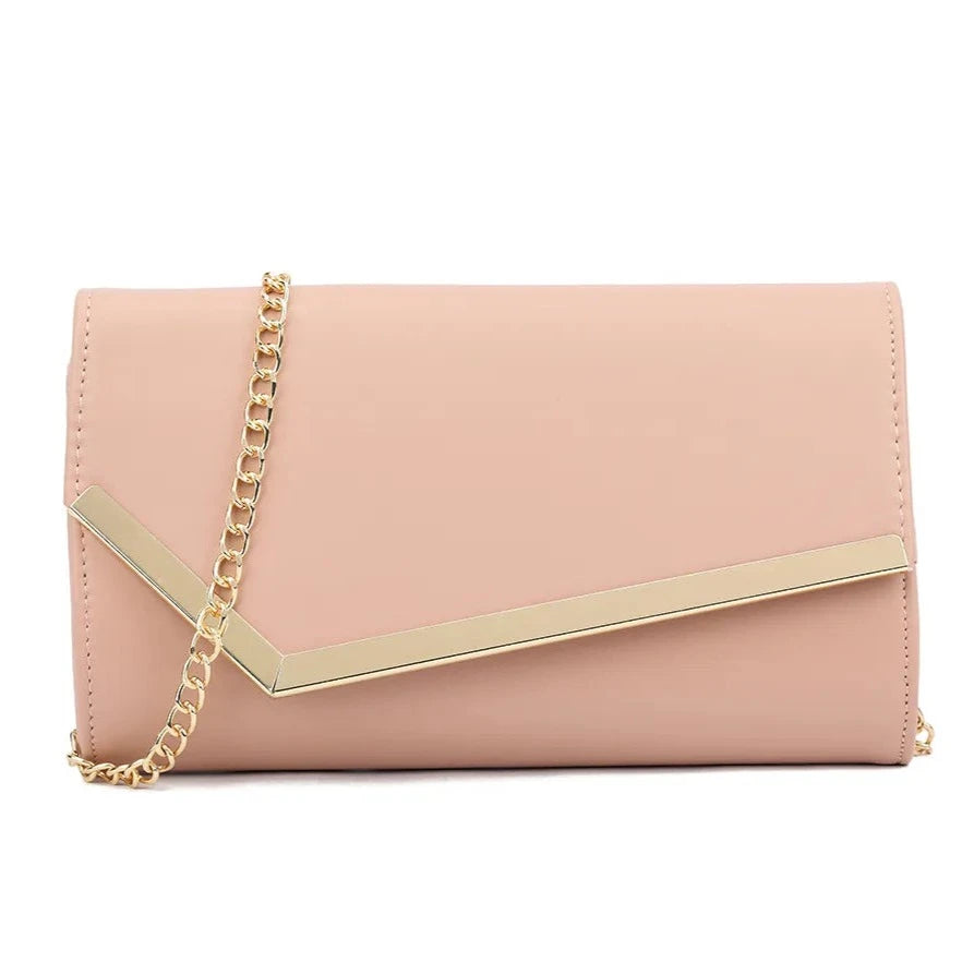 Women Metallic Trim Faux Leather Clutch Bag Shoulder Chain Wedding Evening Handbag