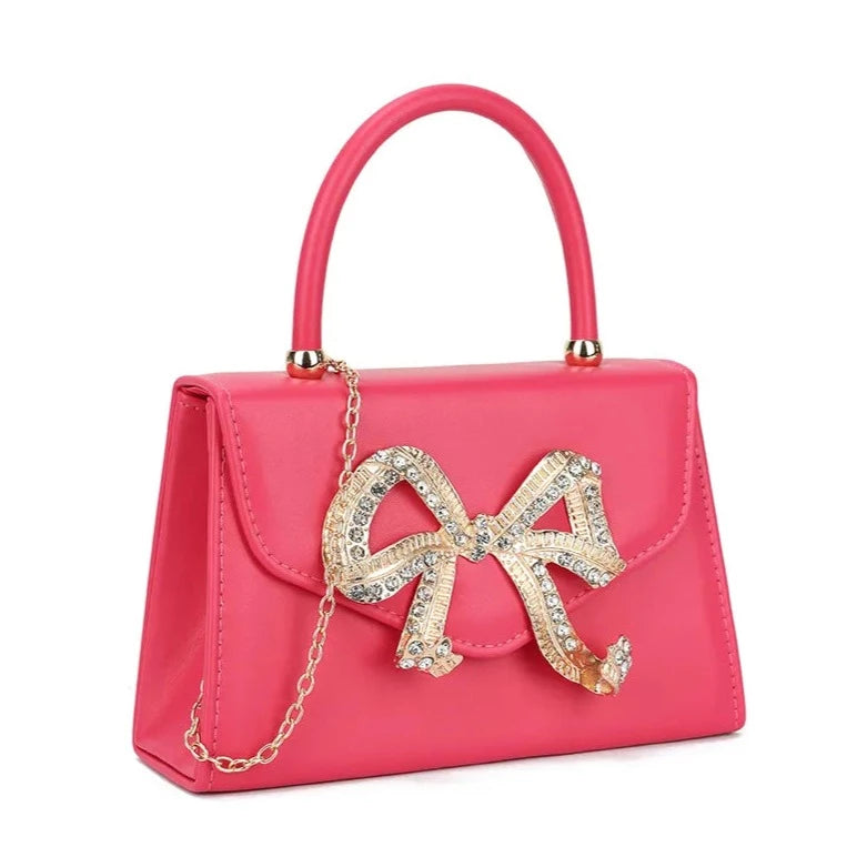 Women's Top Handle Faux Leather Clutch Bag Diamante Wedding Evening Bow Handbags
