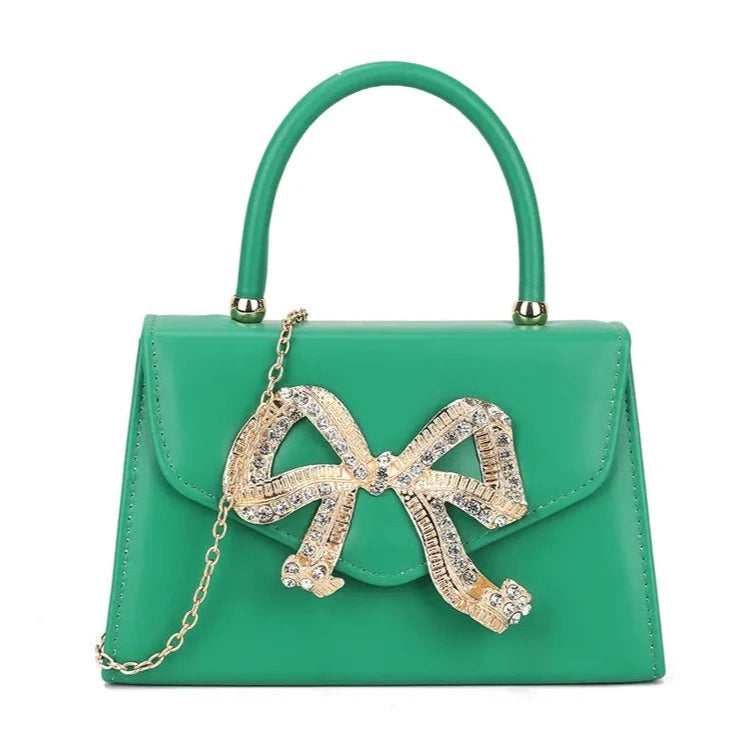 Women's Top Handle Faux Leather Clutch Bag Diamante Wedding Evening Bow Handbags