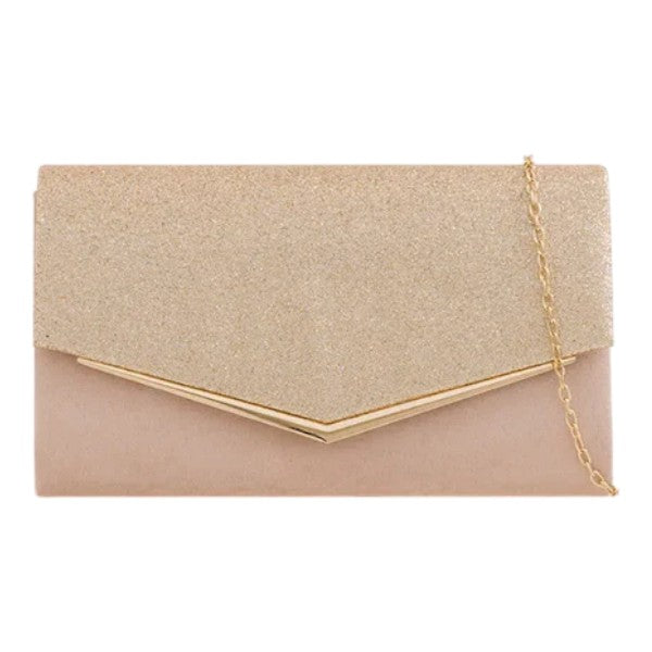 Women Glittery Shiny V Shape Envelope Clutch Handbag Wedding Prom Evening Bag