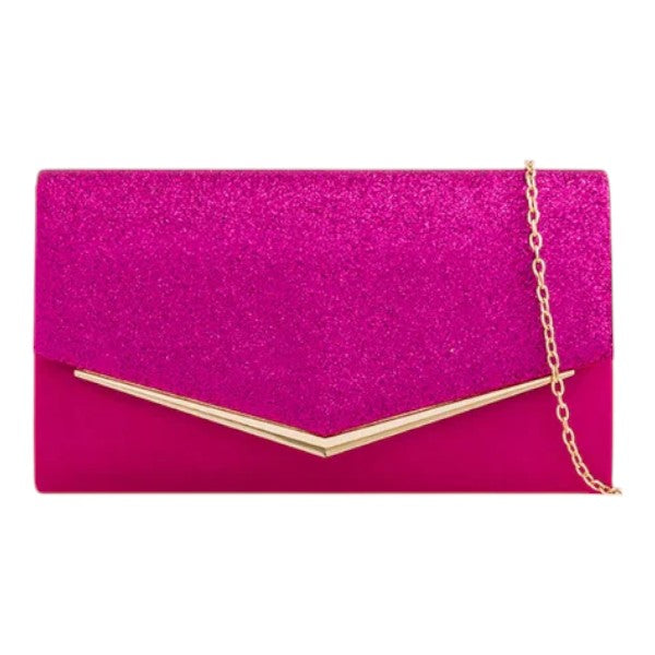 Women Glittery Shiny V Shape Envelope Clutch Handbag Wedding Prom Evening Bag