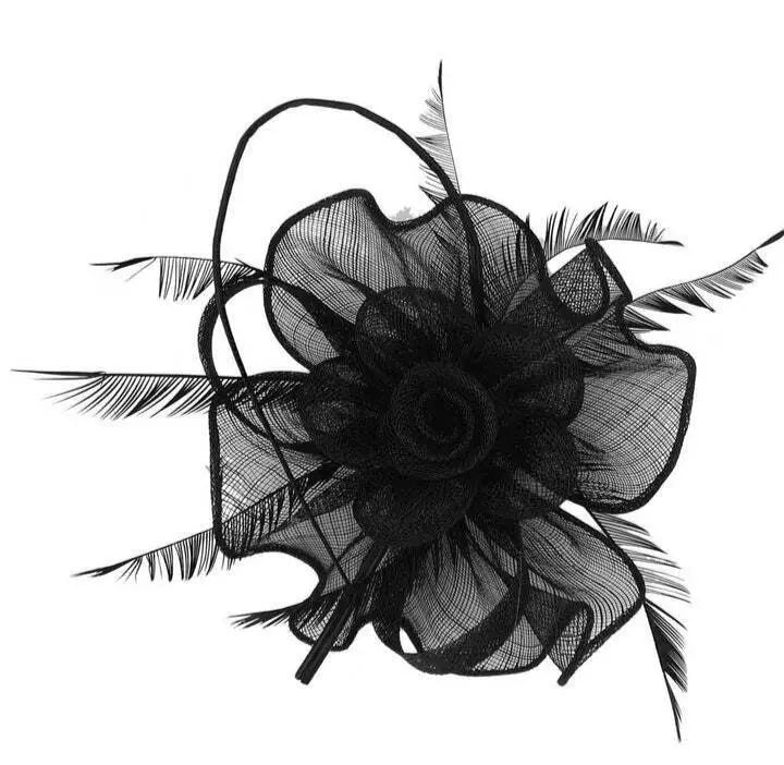 Women Sinamay Rose Flower Fascinator Headband & Clip with Loops and Spiky Feathers Wedding Day Prom Royal Ascot Races