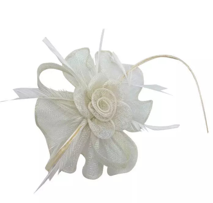 Women Sinamay Rose Flower Fascinator Headband & Clip with Loops and Spiky Feathers Wedding Day Prom Royal Ascot Races