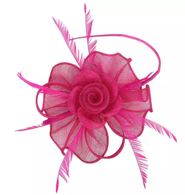 Women Sinamay Rose Flower Fascinator Headband & Clip with Loops and Spiky Feathers Wedding Day Prom Royal Ascot Races