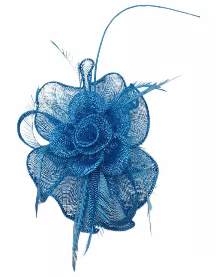 Women Sinamay Rose Flower Fascinator Headband & Clip with Loops and Spiky Feathers Wedding Day Prom Royal Ascot Races