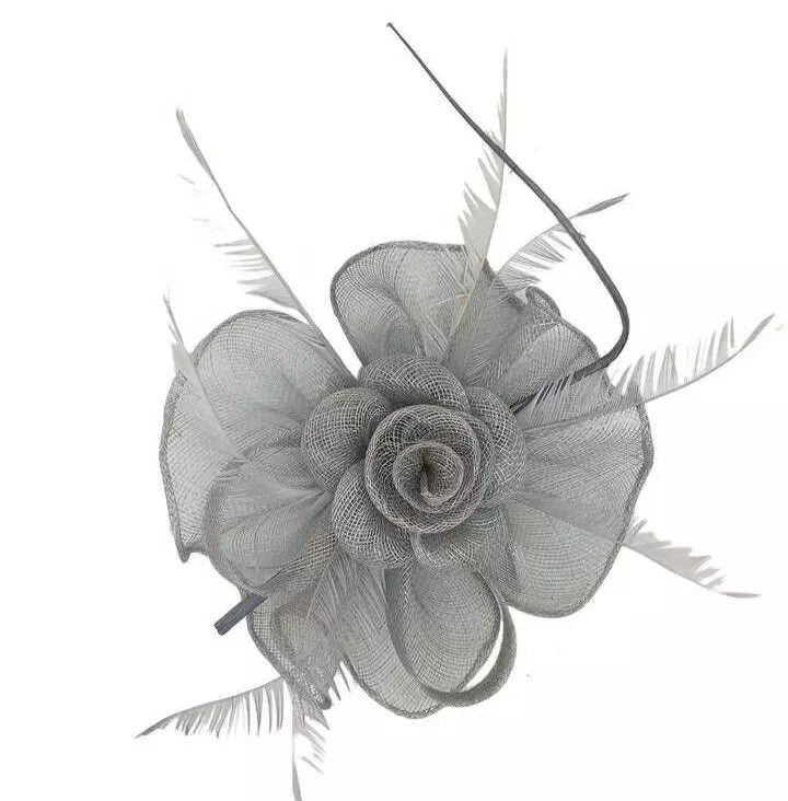 Women Sinamay Rose Flower Fascinator Headband & Clip with Loops and Spiky Feathers Wedding Day Prom Royal Ascot Races