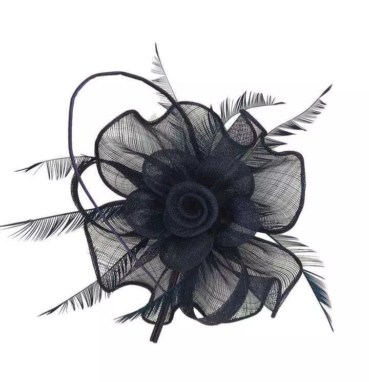Women Sinamay Rose Flower Fascinator Headband & Clip with Loops and Spiky Feathers Wedding Day Prom Royal Ascot Races