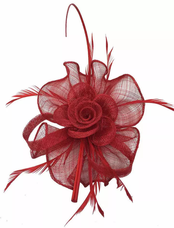 Women Sinamay Rose Flower Fascinator Headband & Clip with Loops and Spiky Feathers Wedding Day Prom Royal Ascot Races