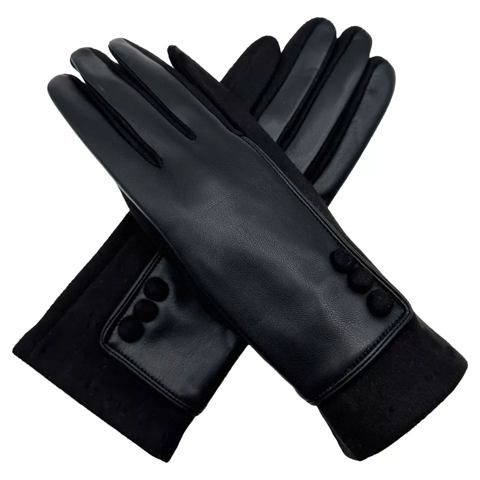 Women's Winter Warm Faux Leather Gloves Cosy Ladies Fleece Lined Buttons Pattern Touch Screen Gloves