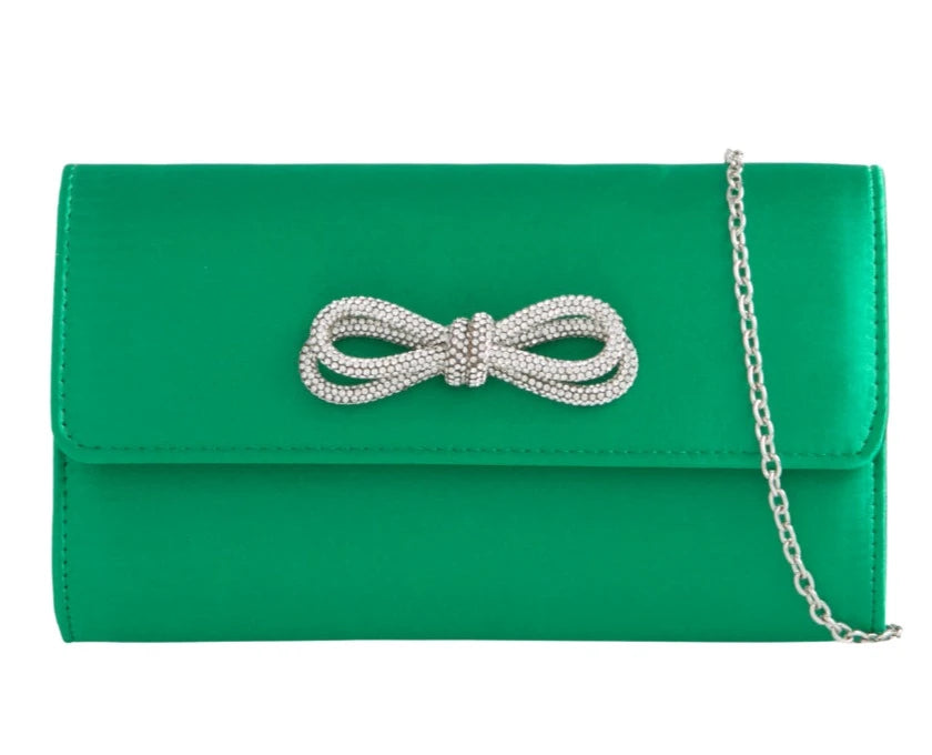 Women's Satin Clutch Bag Diamante Bow Purse Party Wedding Evening Shoulder Handbag