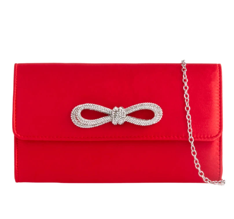 Women's Satin Clutch Bag Diamante Bow Purse Party Wedding Evening Shoulder Handbag