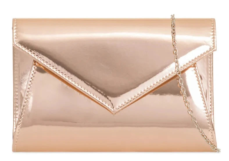 Women's Patent Leather Shiny Envelope Handbag Clutch Bag Party Prom Wedding -CHAMPAGNE