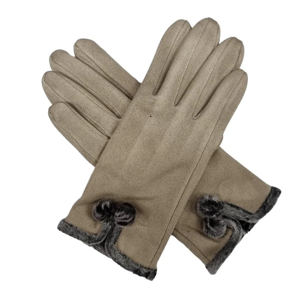 Women's Winter Fashion Gloves Fleece Faux Suede Gloves Warm Thermal Soft Lined Fur Pom Pom Gloves