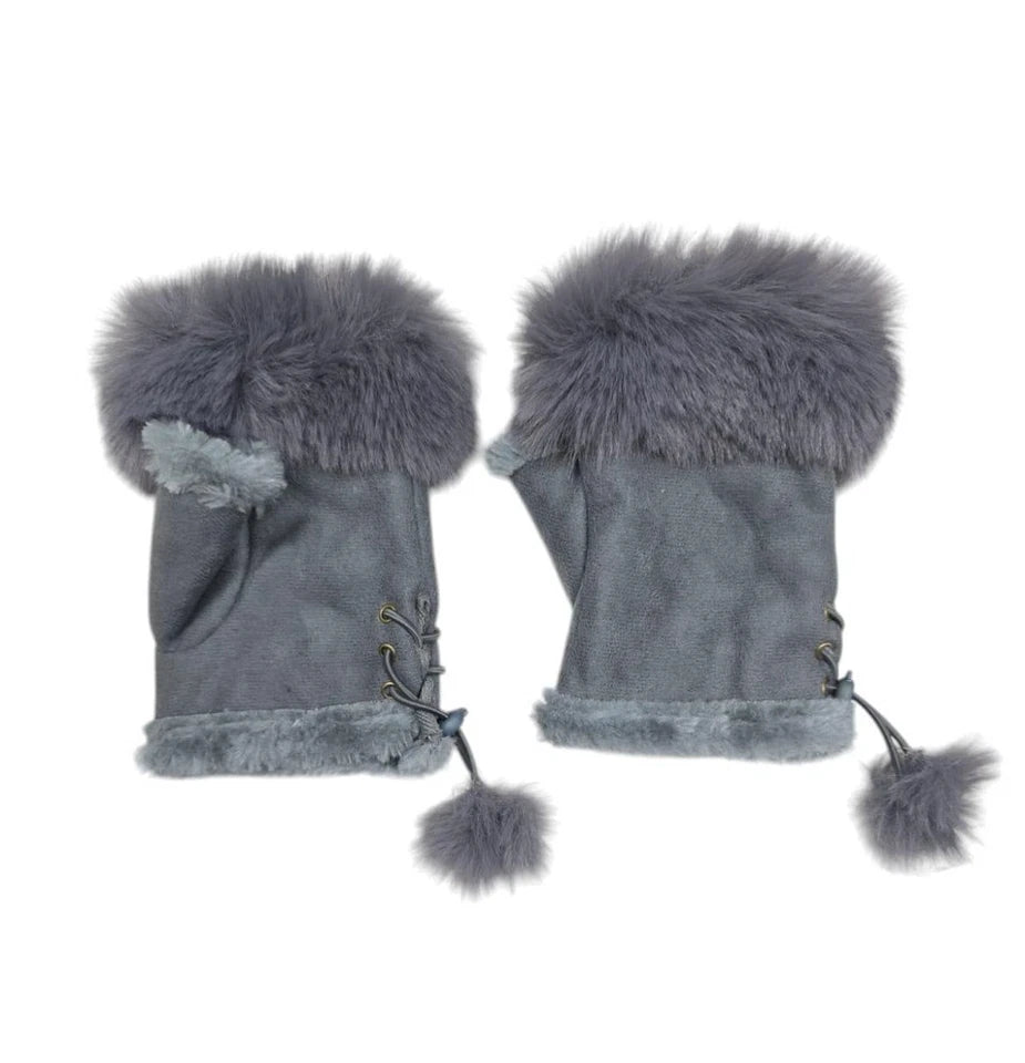 Women Ladies Winter Fur Fingerless Gloves Mittens Soft Warm Fleece Lined UK